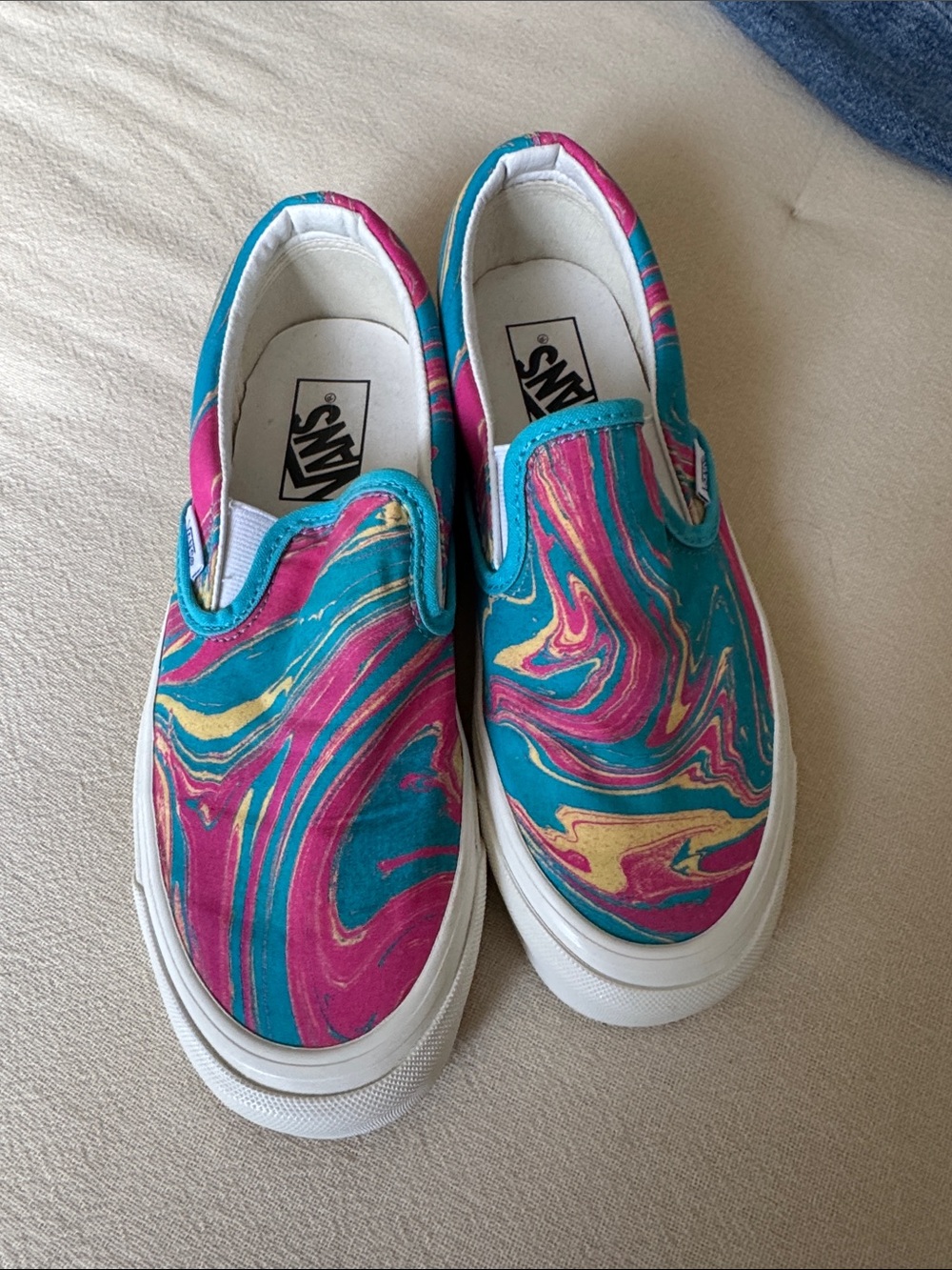 Vans Woman’s Slip-On Sneakers in Teal, Pink & Gold Swirl